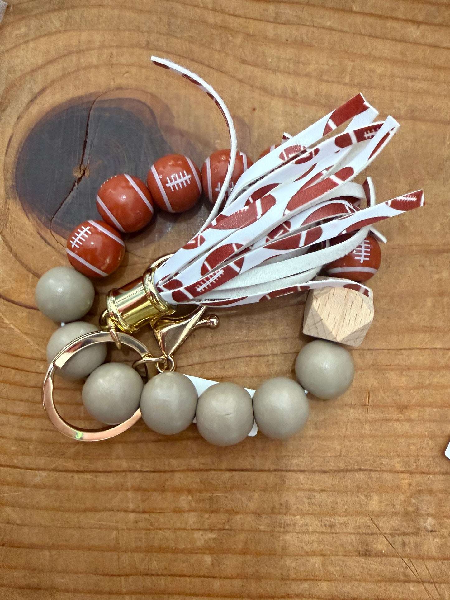 Wood Bead Football Theme Keychain Bracelet