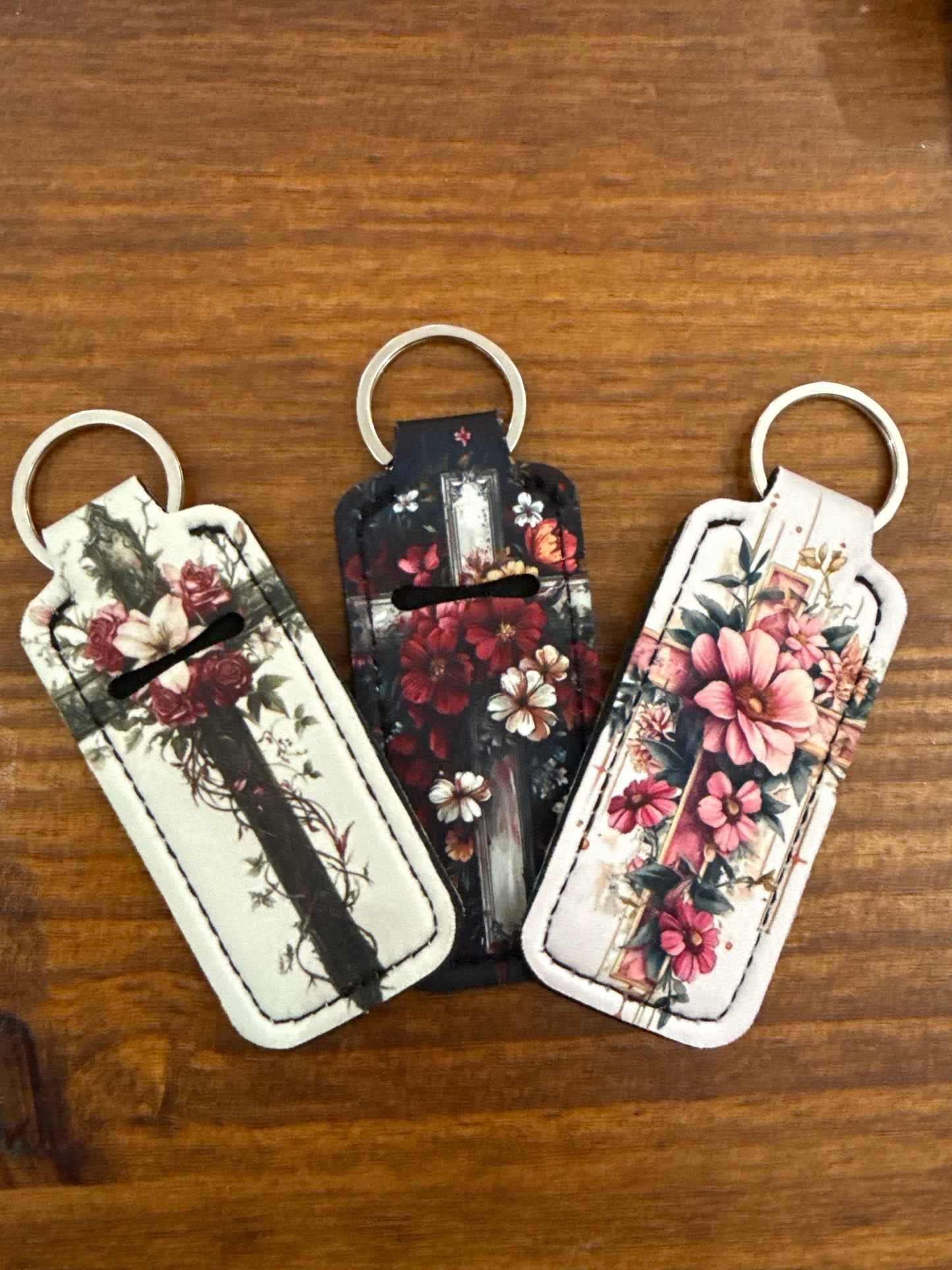 Elegant Floral Cross Keychain Chapstick Holder