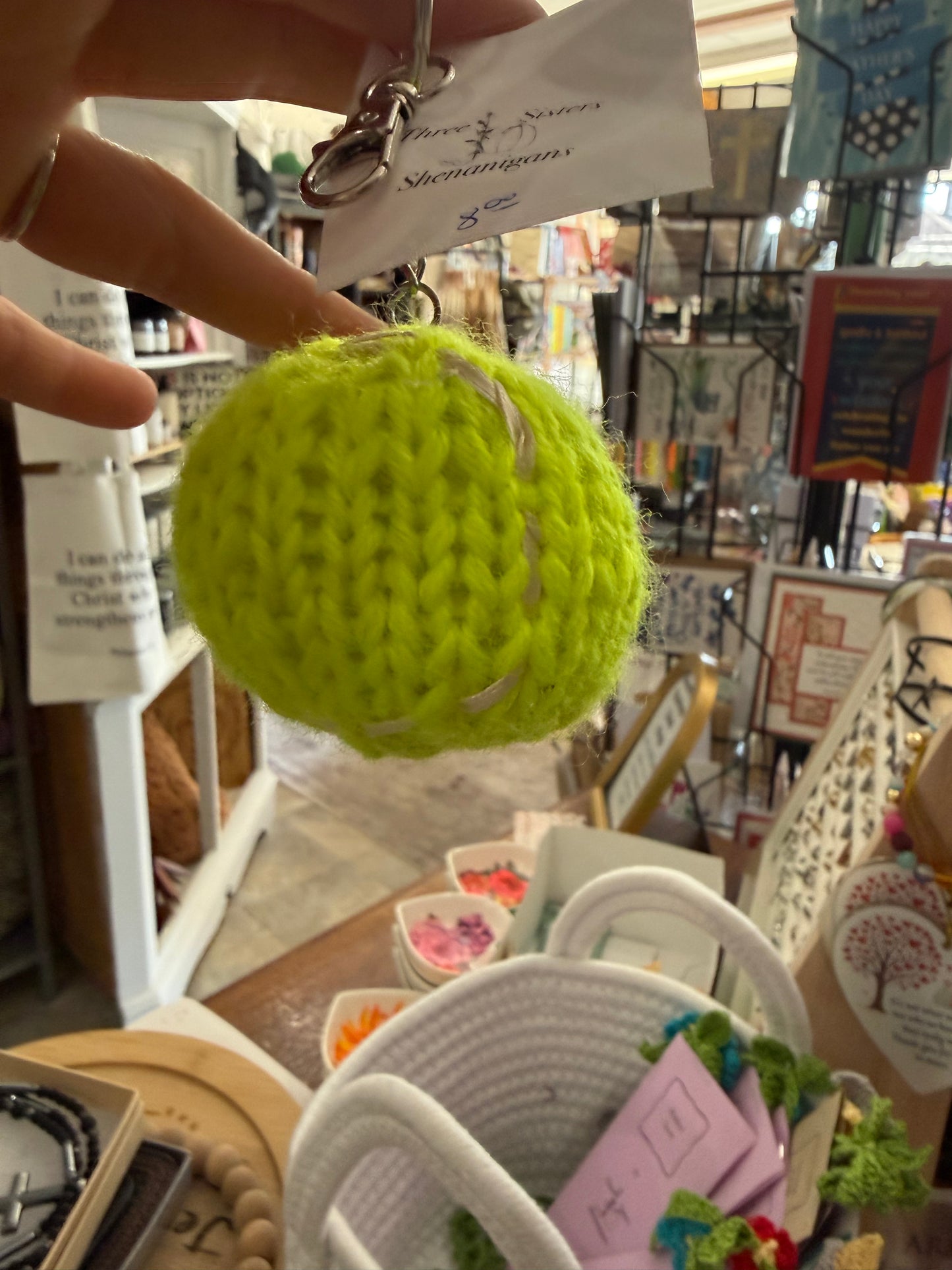 Three Sisters Shenanigans Hand Crotched Tennis Ball Keychain
