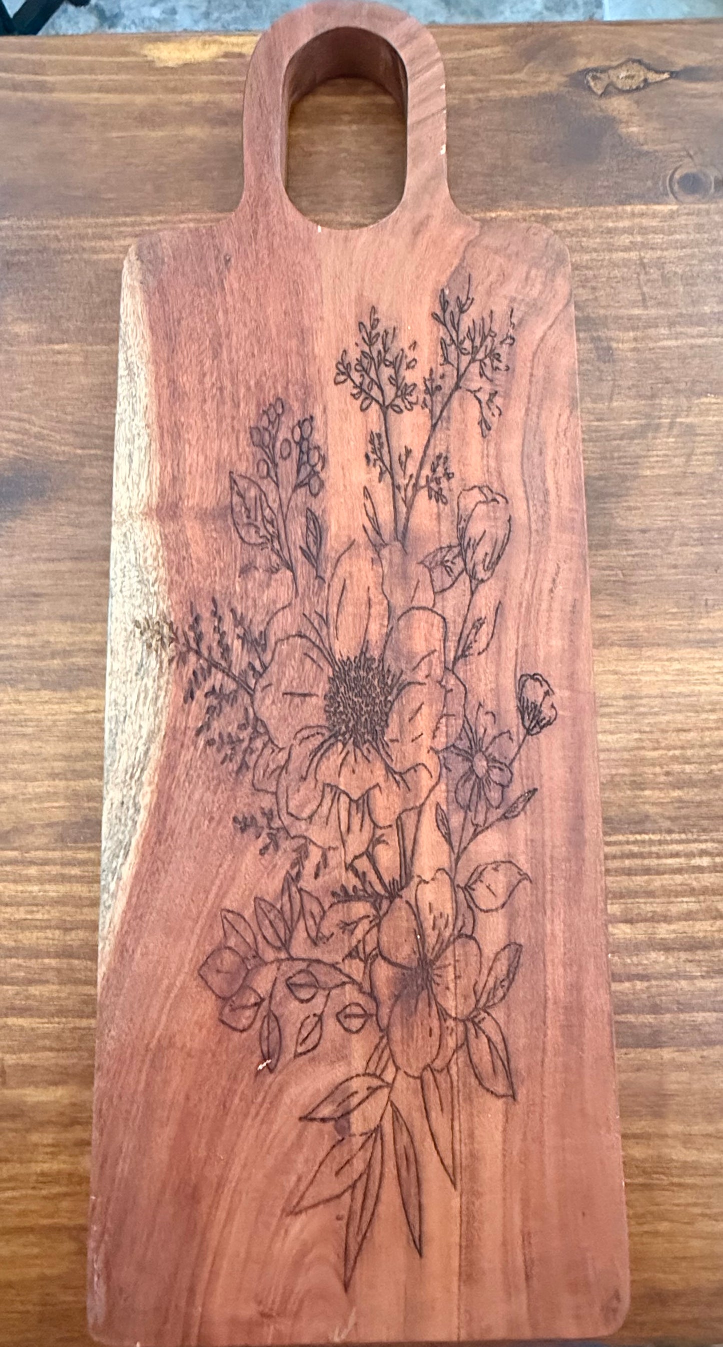 Beautiful Custom Engraved Floral Acacia Wood Charcuterie Board