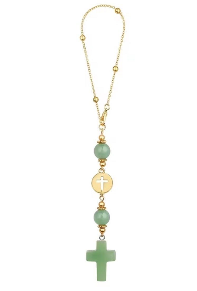 Sage Stone and Cross Rosary Car Charm