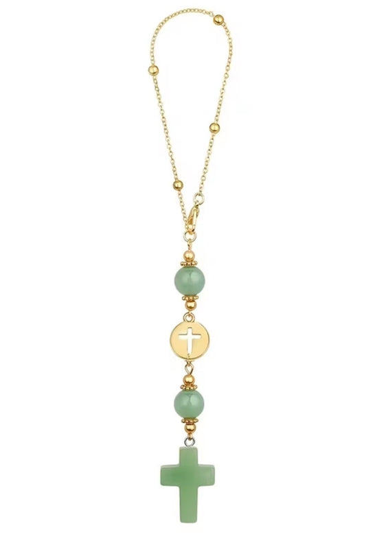 Sage Stone and Cross Rosary Car Charm