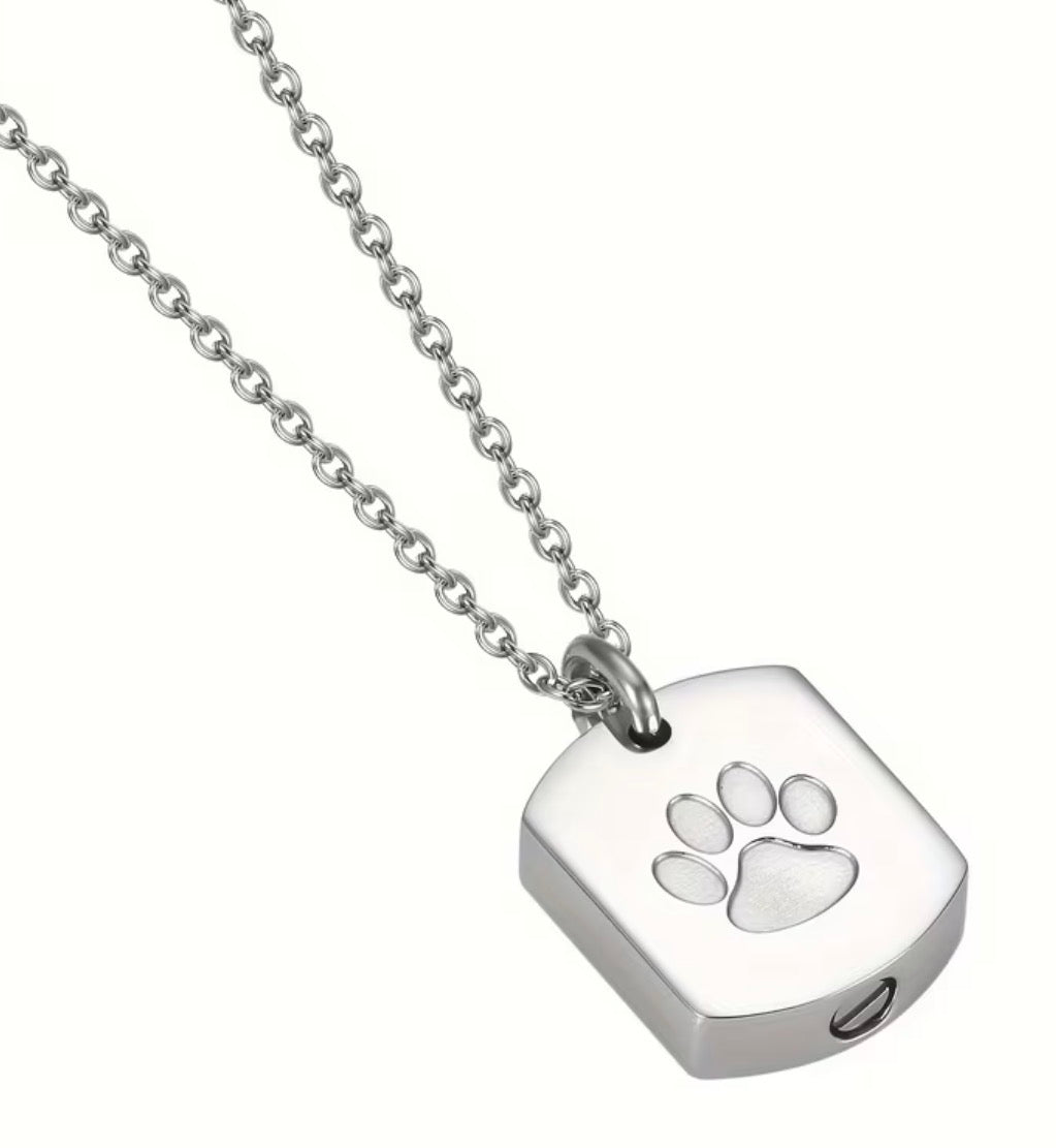 Stainless Steel Pet Paw Print Urn Necklace