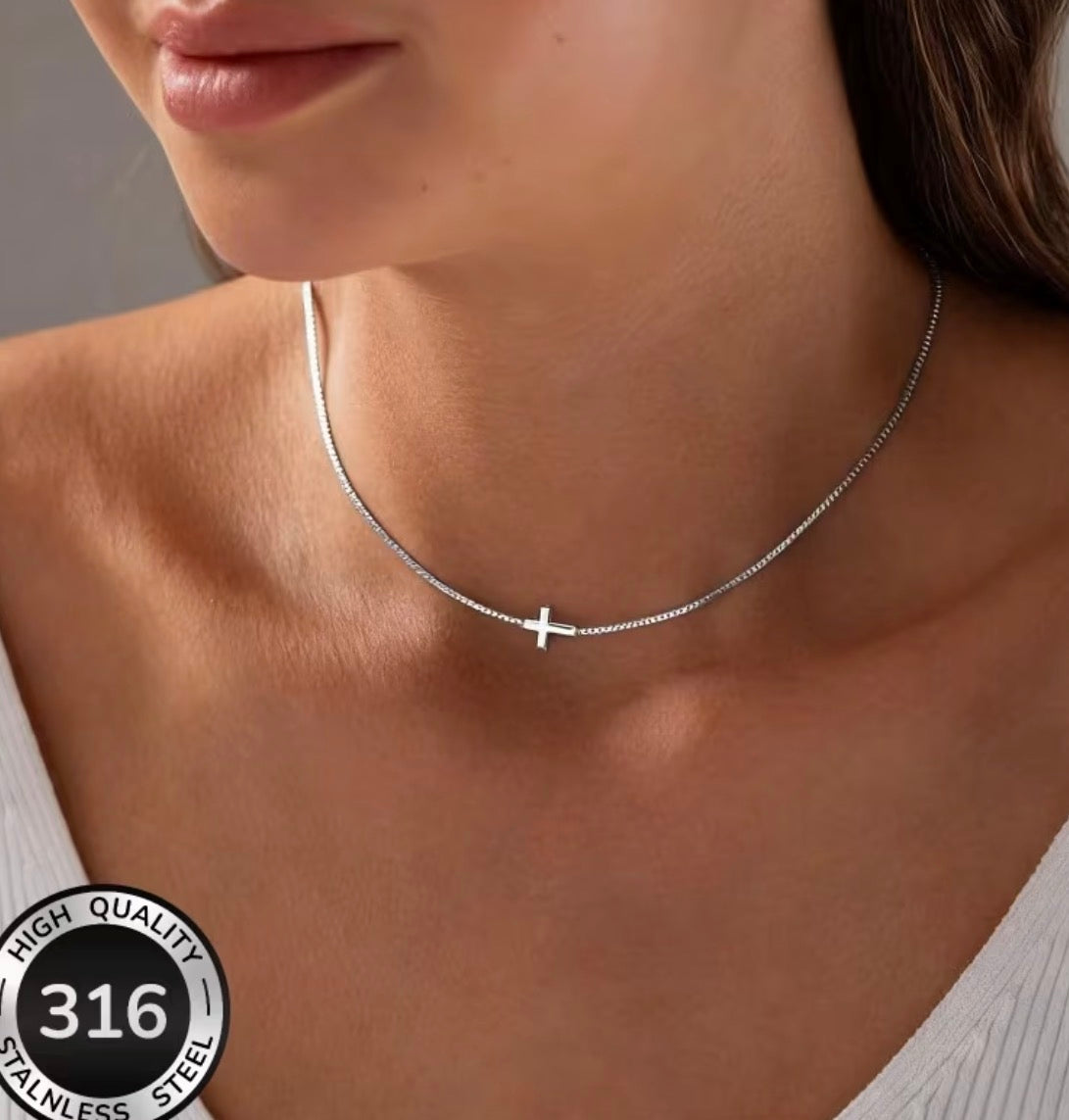 Elegant Stainless Steel Side Cross Necklace