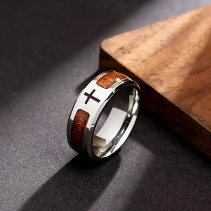 Men’s Wood Grain Stainless Steel Cross Ring
