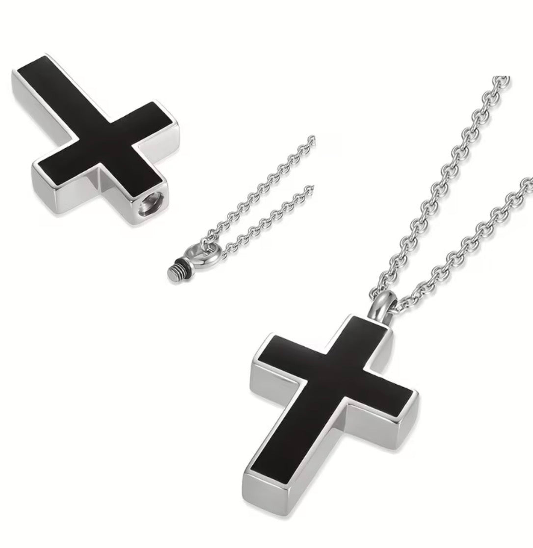 Stainless Steel Black Accent Cross Urn Necklace
