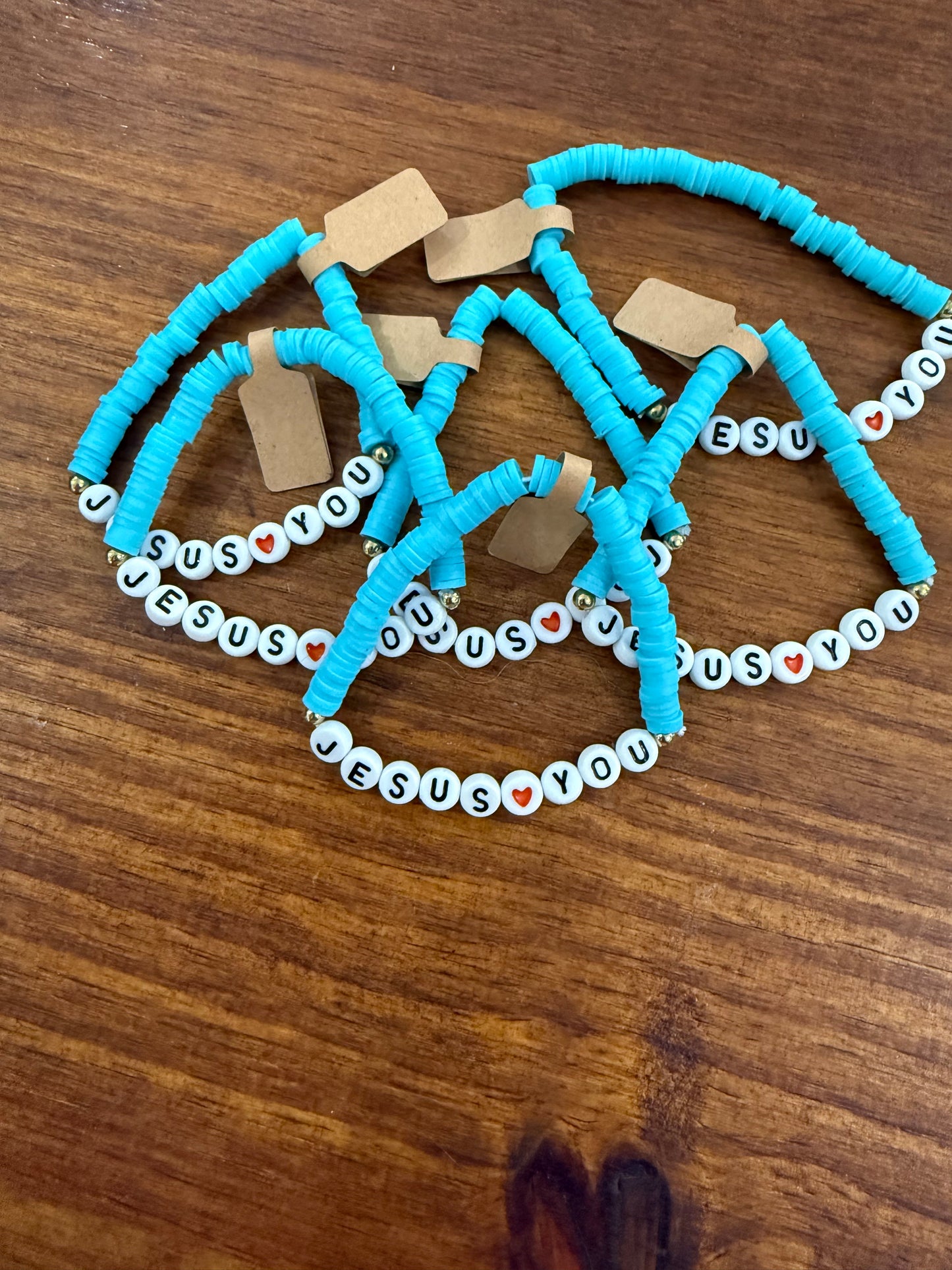 Cute Blue Clay Bead “Jesus Loves You” Bracelet
