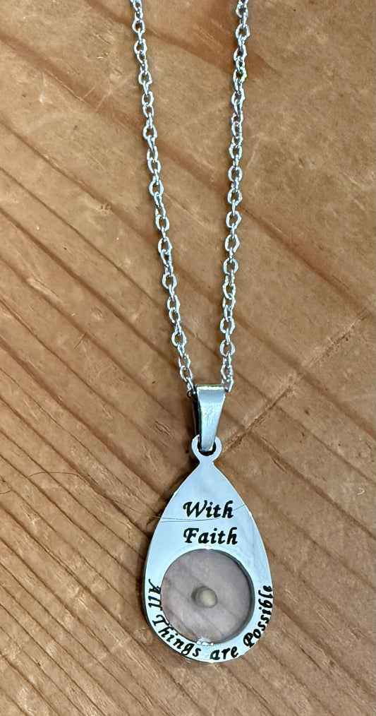 Elegant Teardrop Pendant Mustard Seed and Cross Accent Necklace