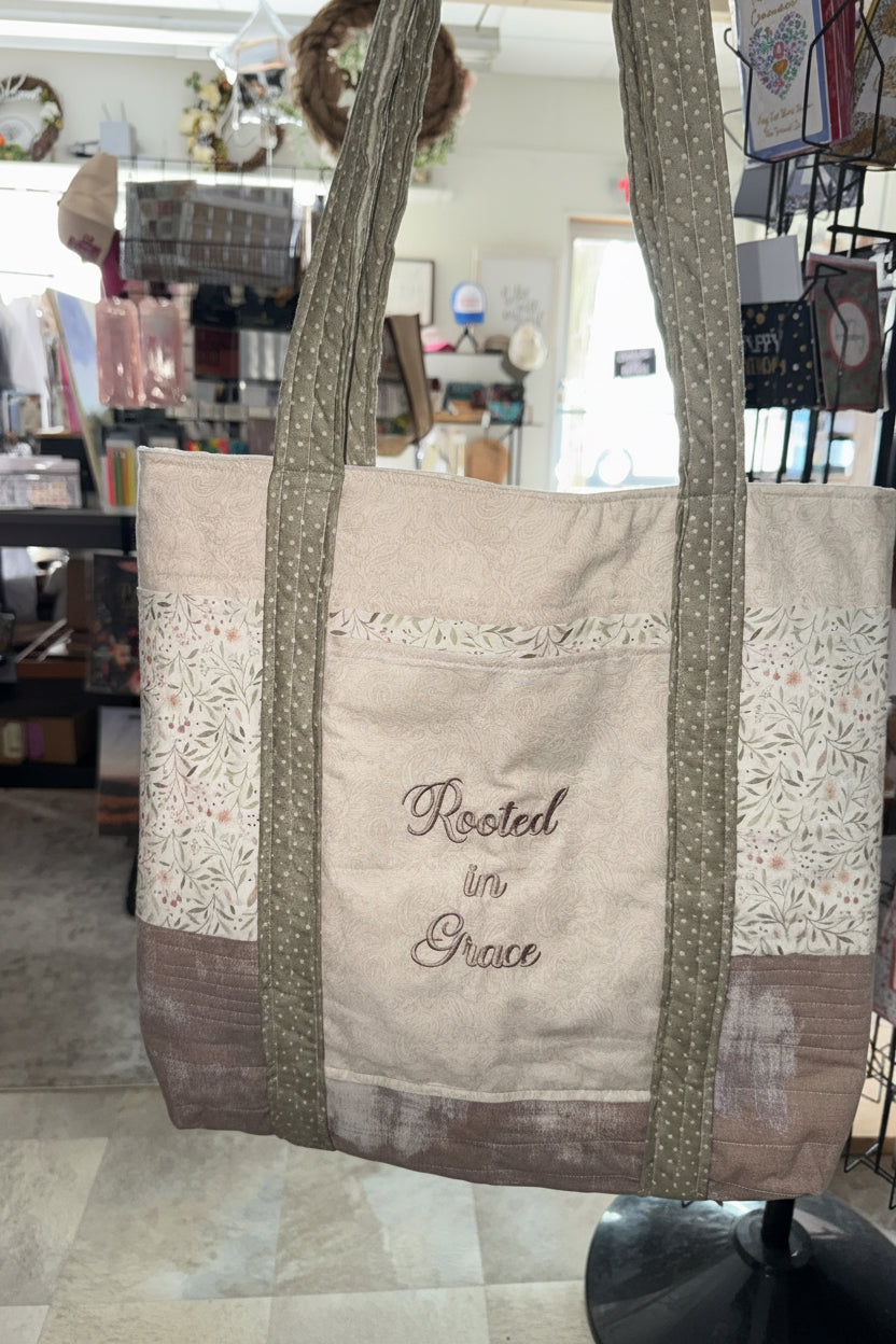 Quilted Stitch Handmade Custom Embroidered "Rooted in Grace" Weekend Bag