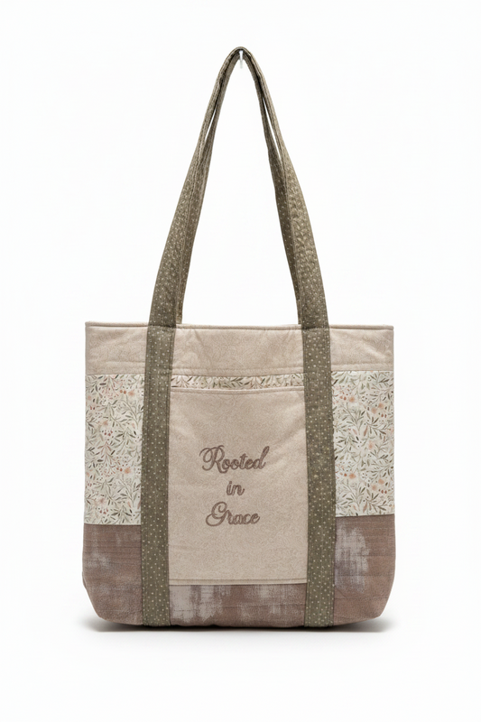 Quilted Stitch Handmade Custom Embroidered "Rooted in Grace" Weekend Bag