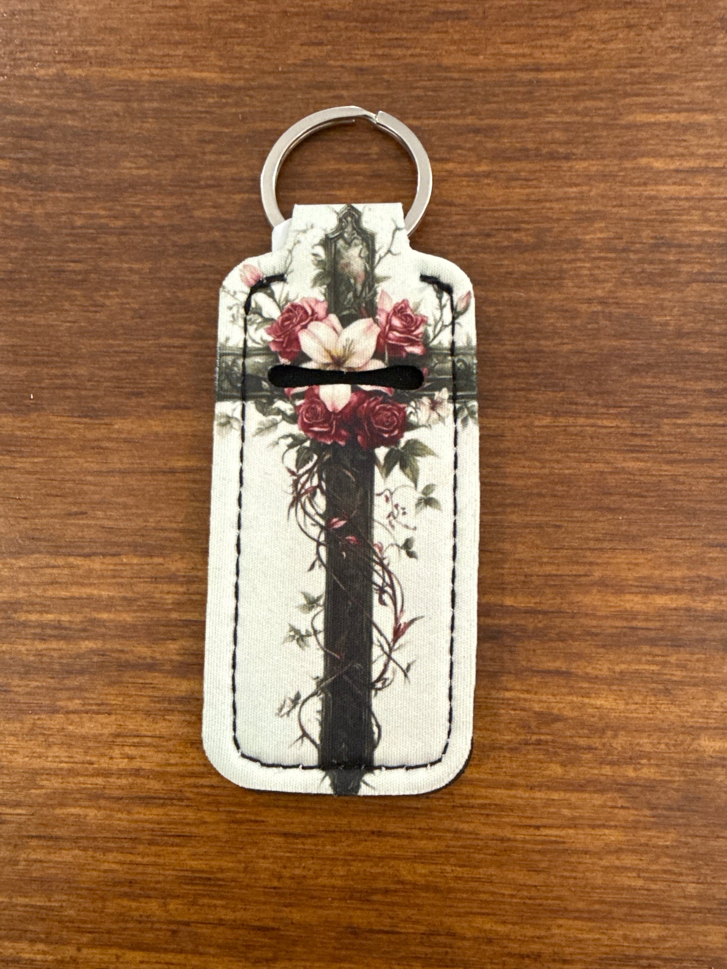 Elegant Floral Cross Keychain Chapstick Holder