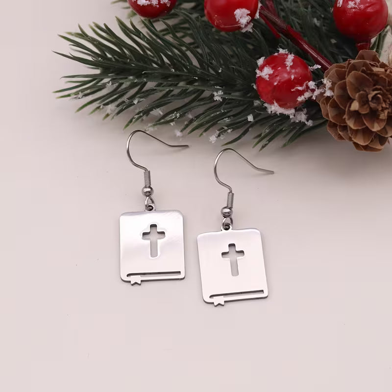 Cute Bible Cross Stainless Steel Earrings