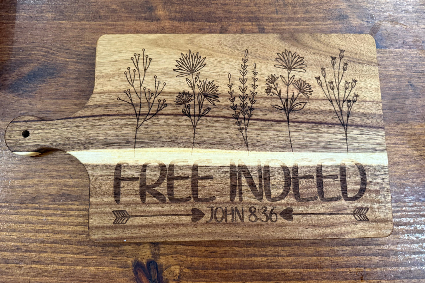 “Free Indeed” Acacia Wood Cutting Board-16”x9”