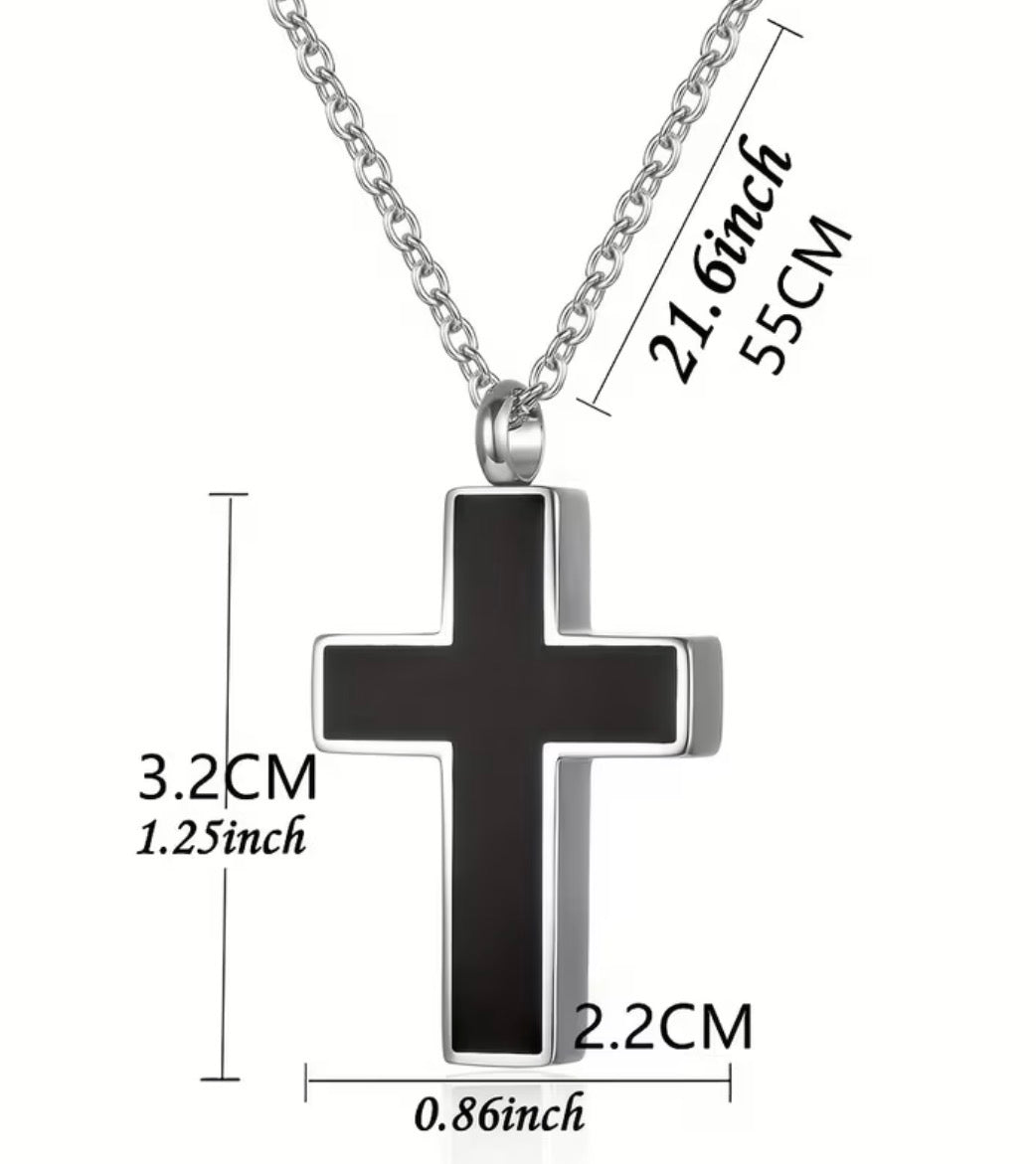 Stainless Steel Black Accent Cross Urn Necklace