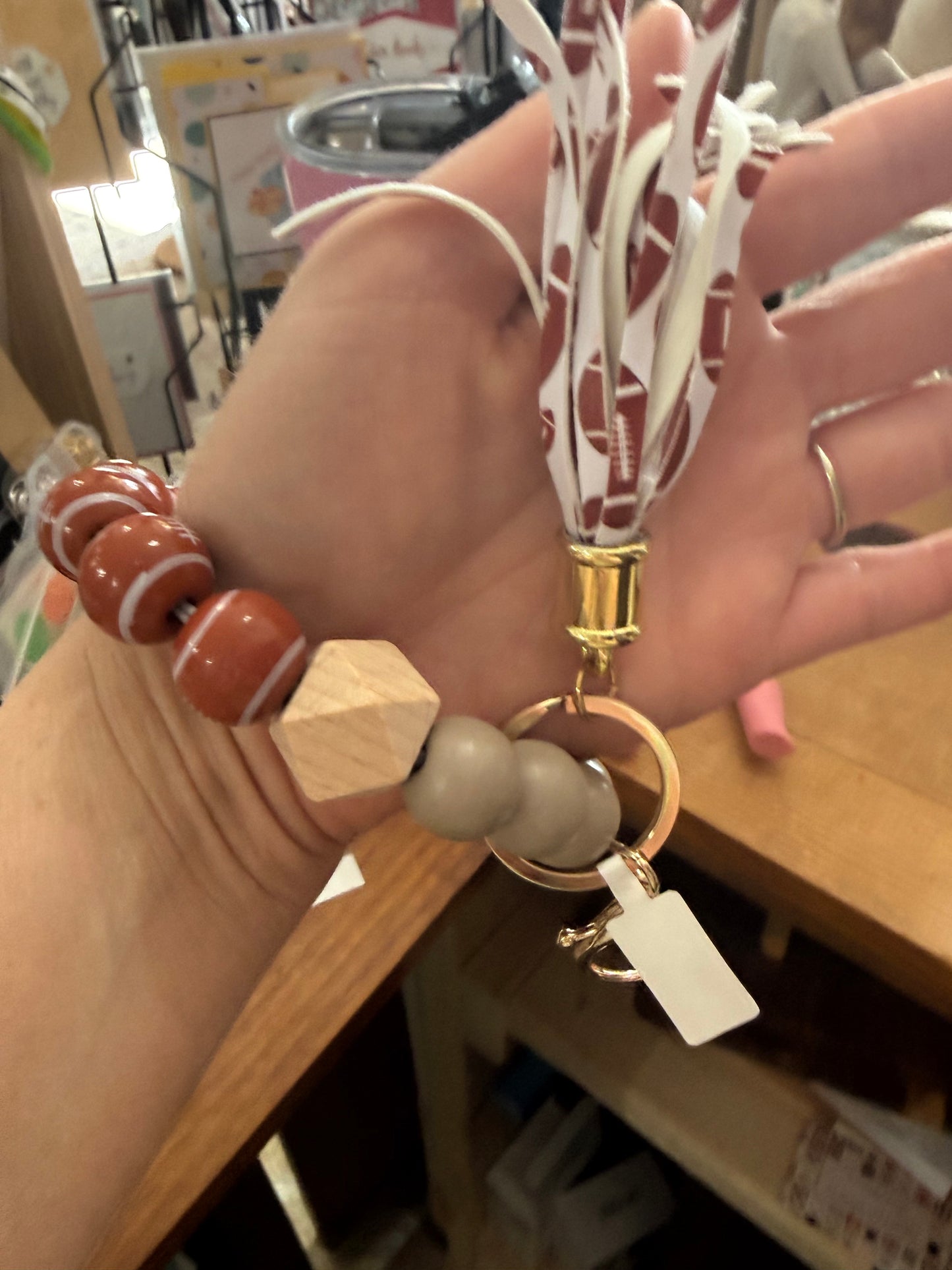Wood Bead Football Theme Keychain Bracelet
