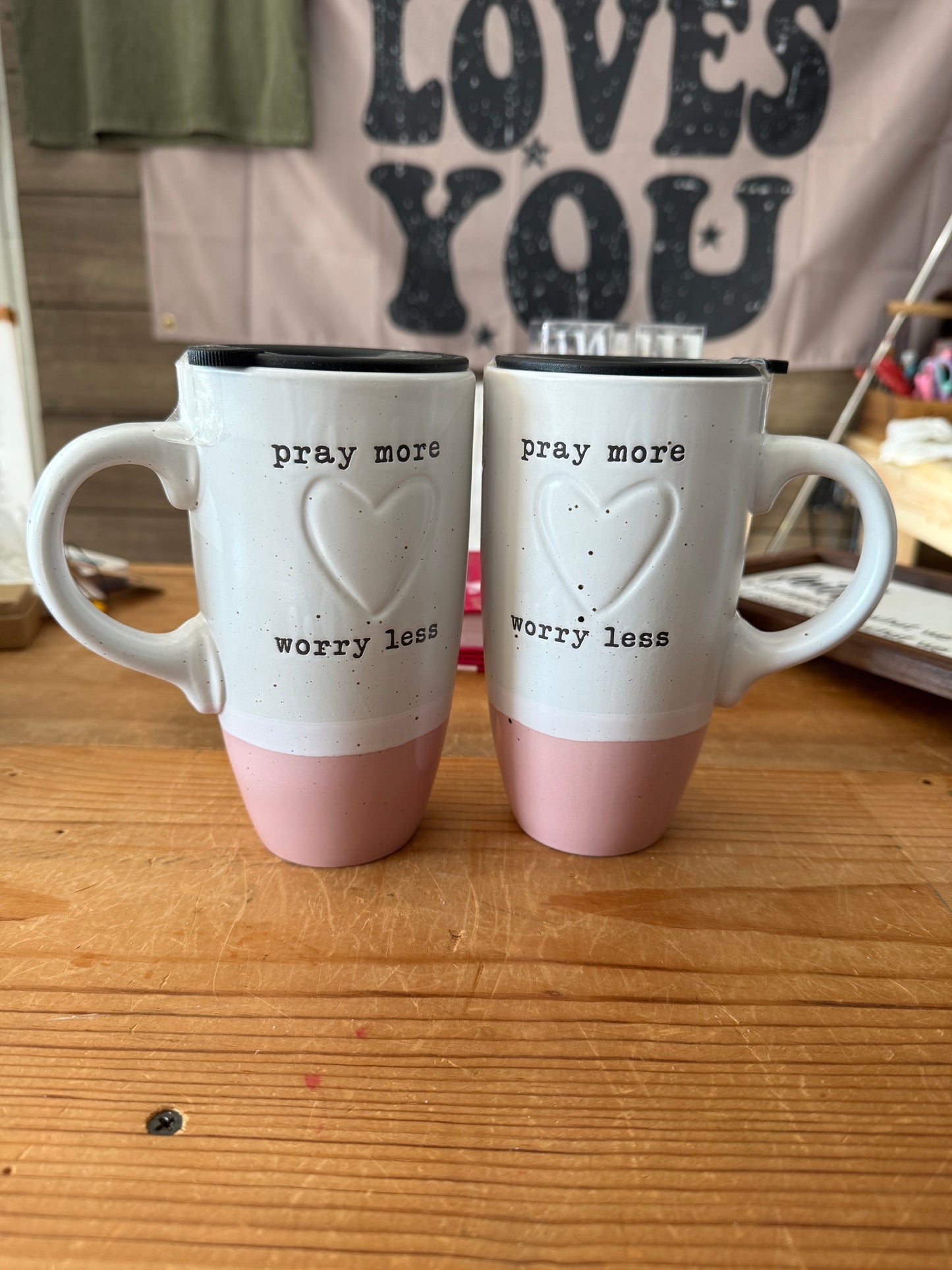 “Pray More Worry Less” Ceramic Coffee Cup with Top