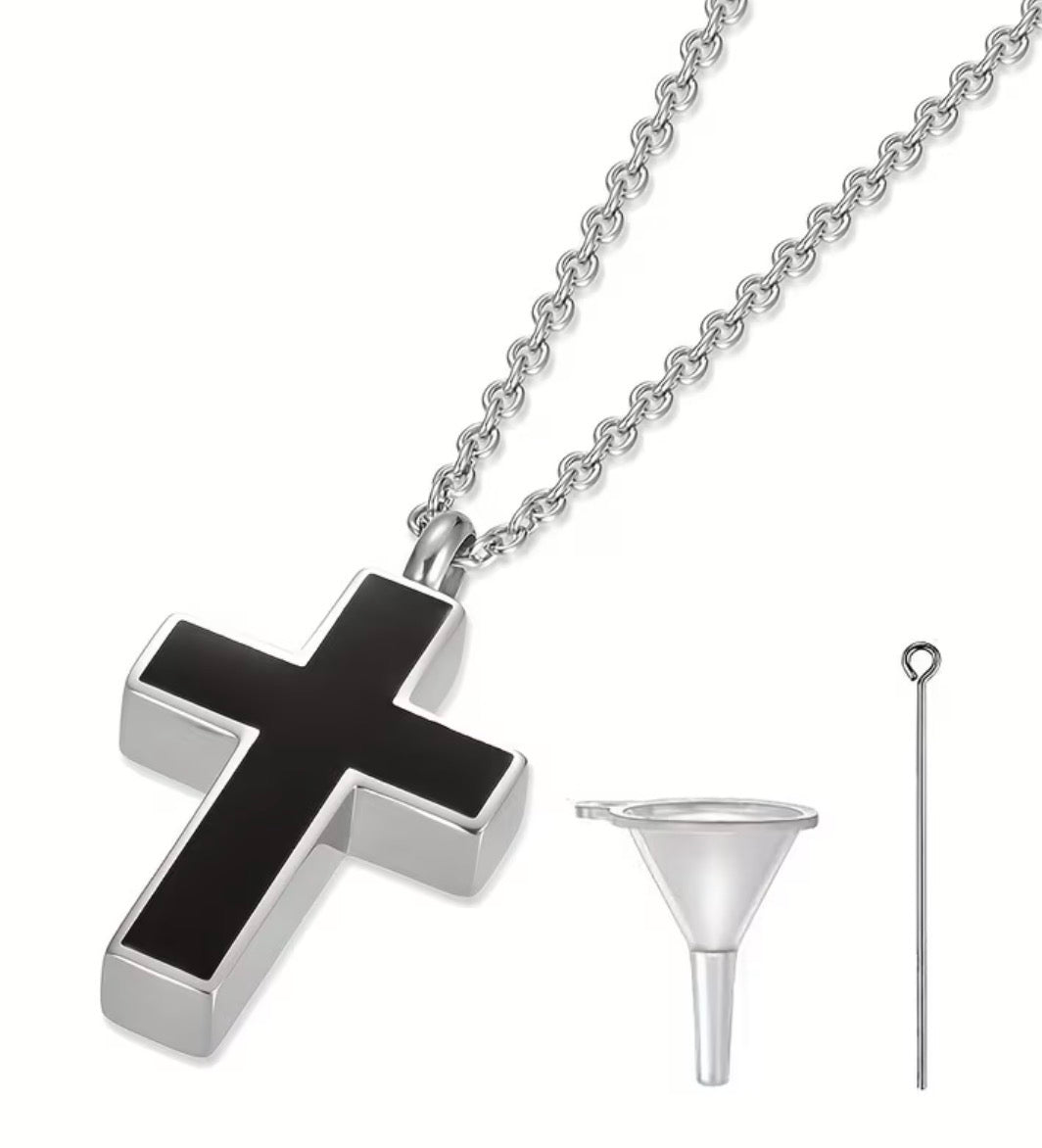 Stainless Steel Black Accent Cross Urn Necklace