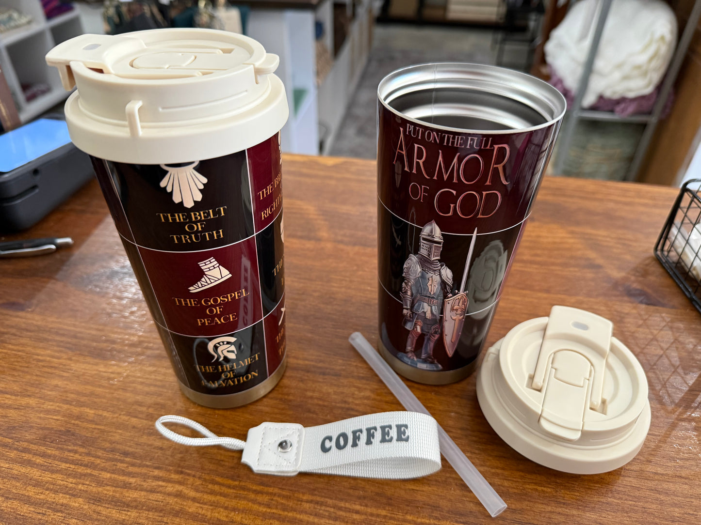 Stainless Steel Armor of God Hot/Cold Tumbler with Wrist Strap/Straw