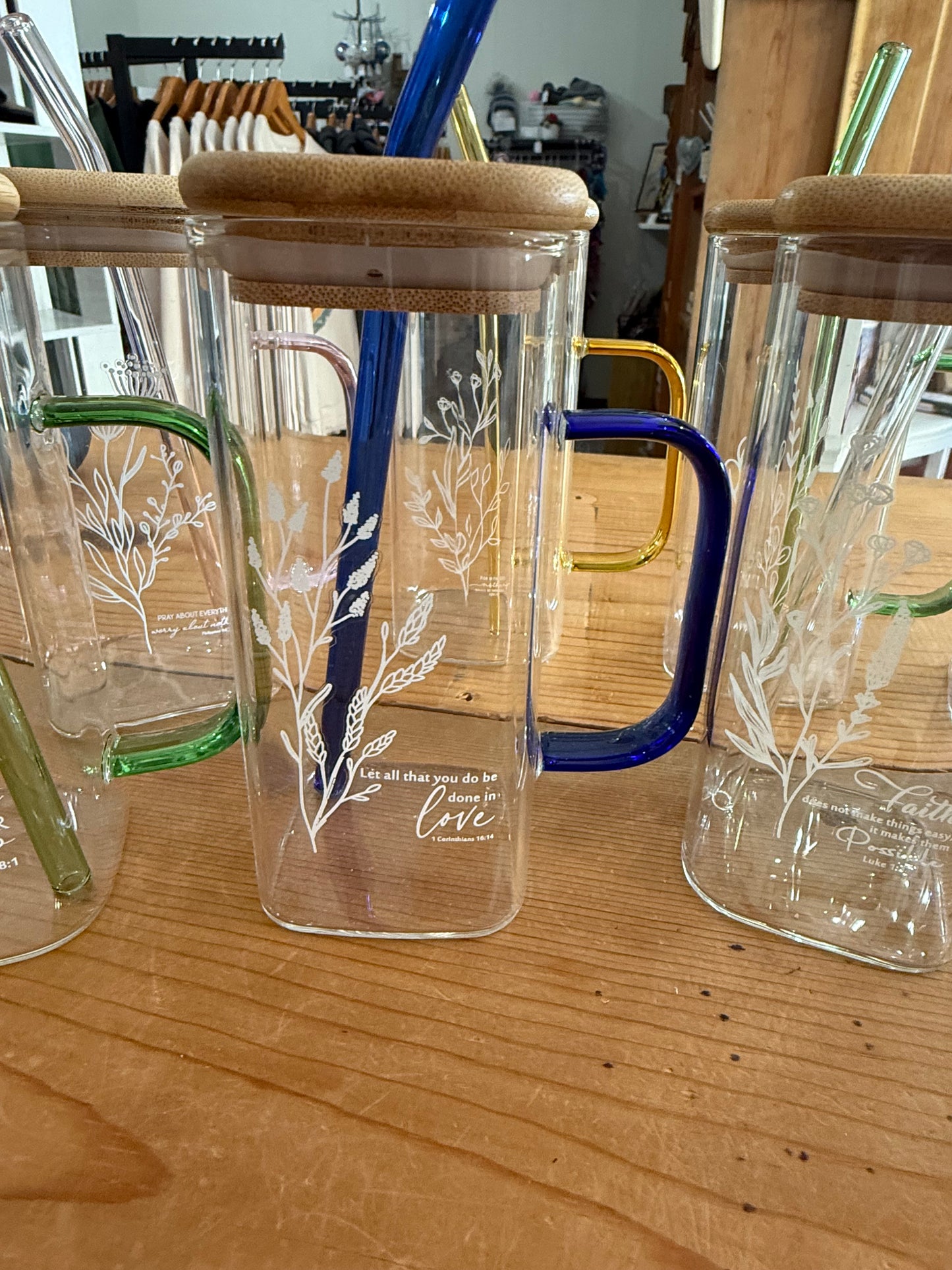 Cute and Simple 13.5 oz Verse Inscribed Bamboo Lid Glasses