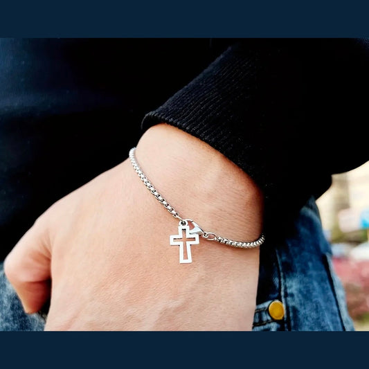 Stainless Steel Box Chain Cross Bracelet