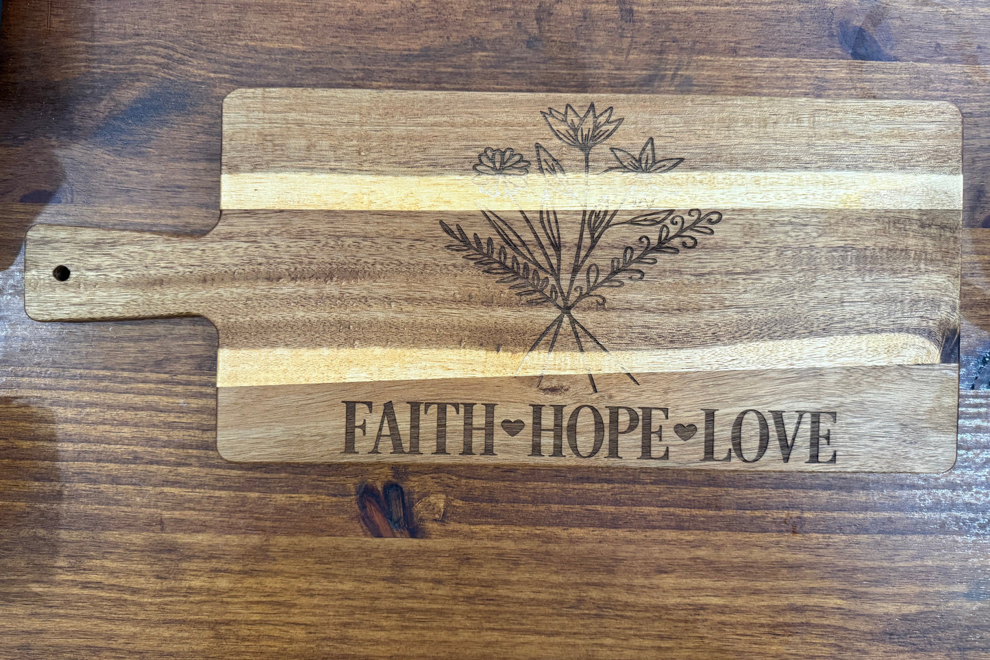 “Faith.Hope.Love” Acacia Wood Cutting Board-19.25”x7.75”