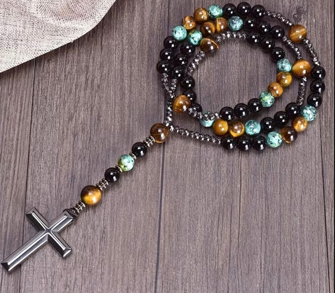 Tiger’s Eye African Beads Cross Pendant Rosary