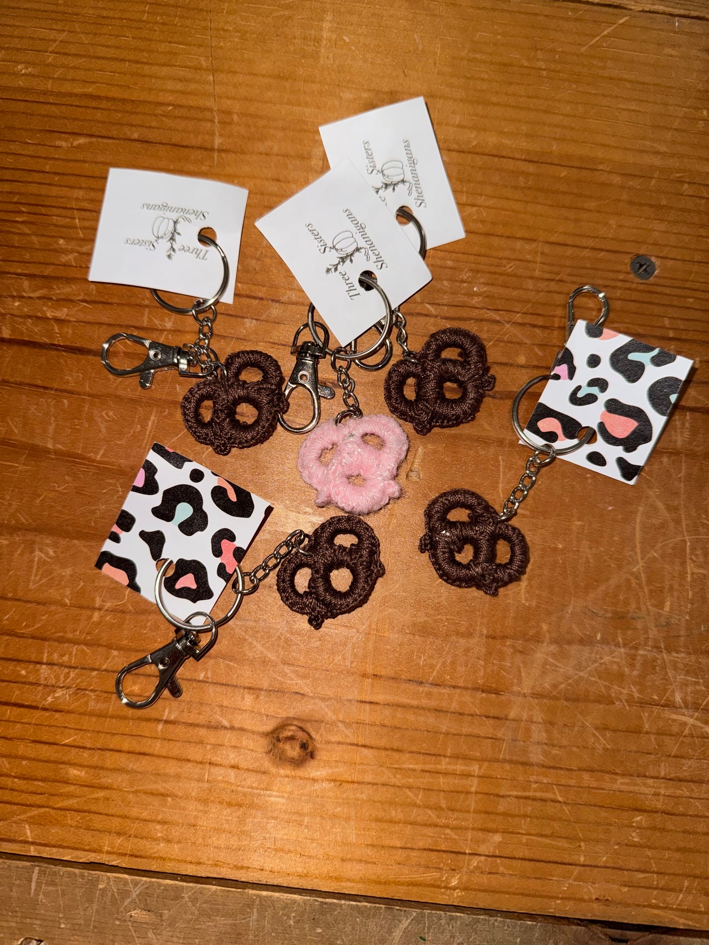 Three Sisters Crocheted Pretzel and Heart Keychains
