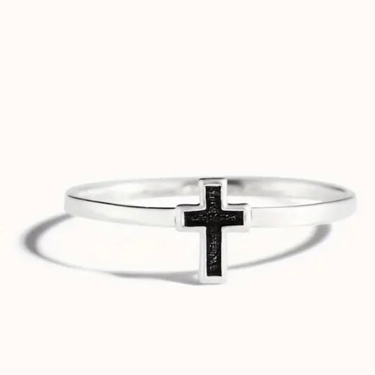 Elegant Simple Sterling Silver Black Enamel Cross Ring