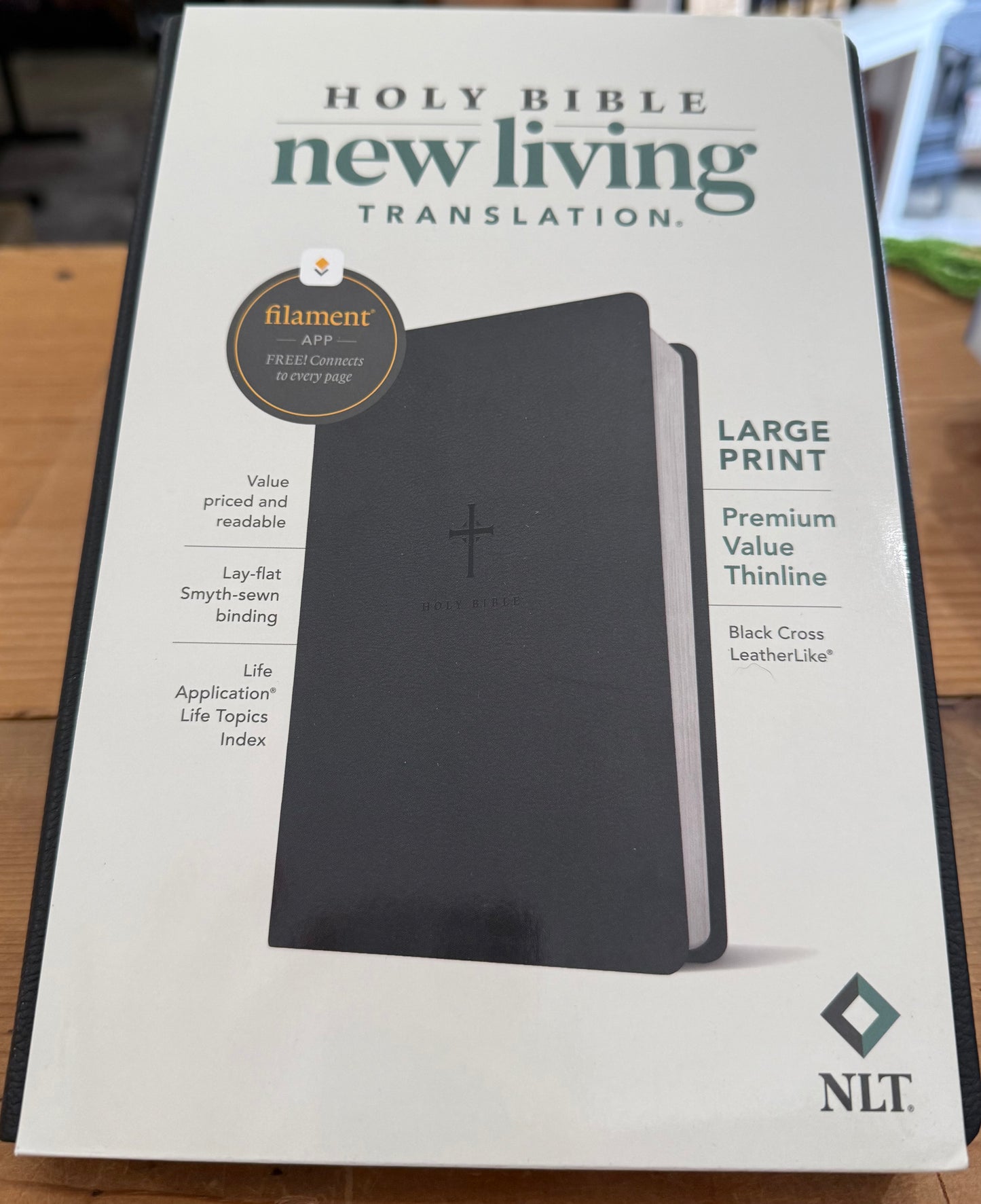 NLT Large Print Premium Thinline Bible-Black Cross Leatherlike