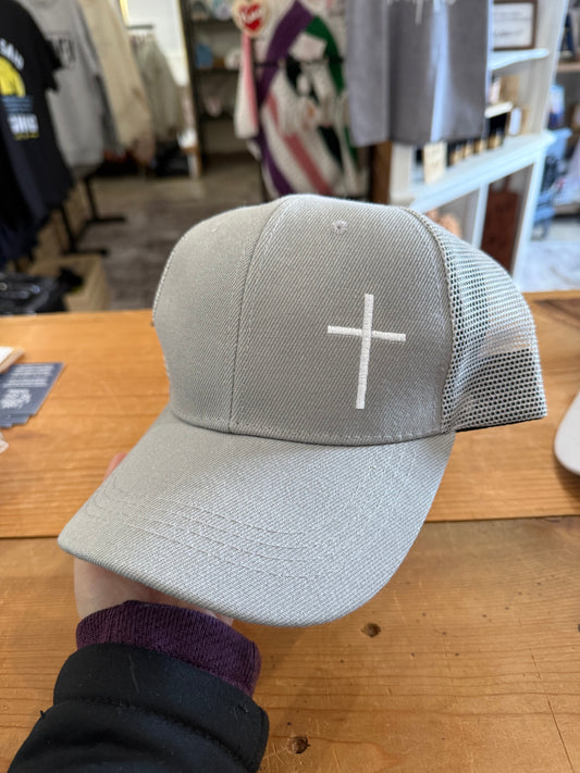 Gray Embroidered Cross Trucker Style Hat