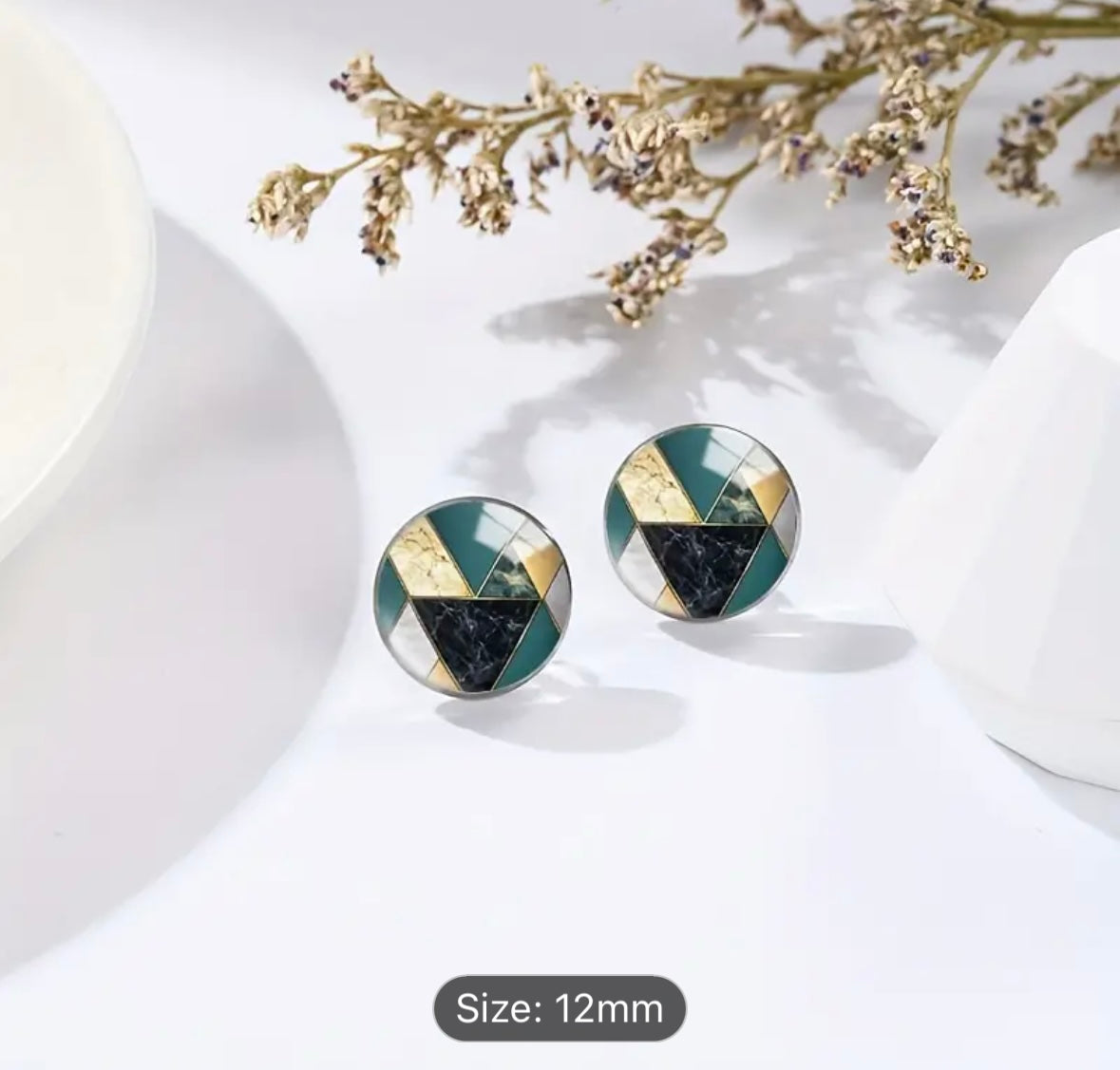 Stainless Steel Geometric Green/Black/Gold Round Glass Earrings