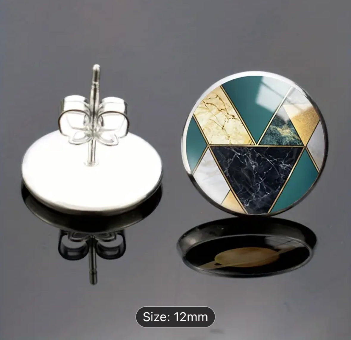 Stainless Steel Geometric Green/Black/Gold Round Glass Earrings