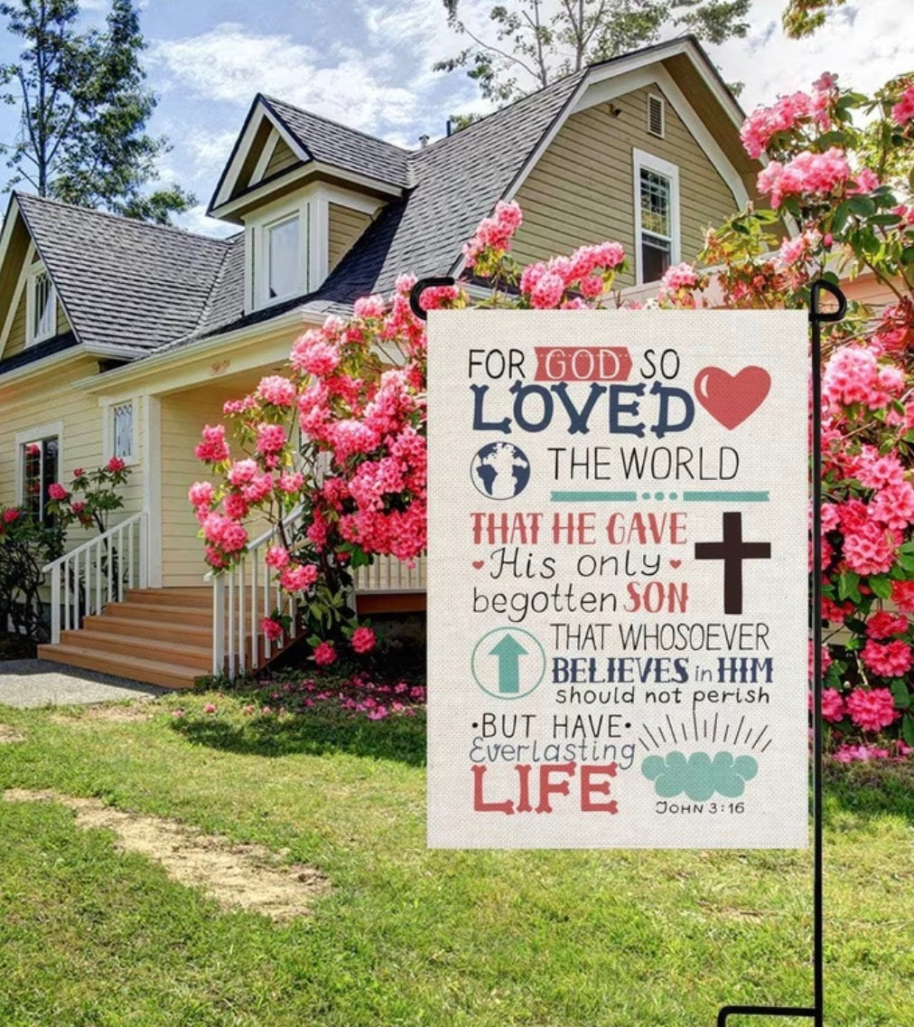 John 3:16 Canvas Garden Flag and Stand