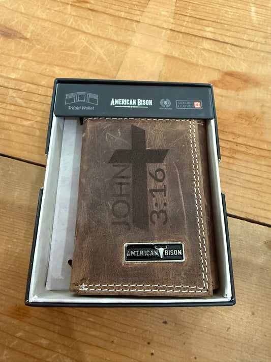 American Bison Genuine Leather Trifold Wallet – Custom Engraved (John 3:16)