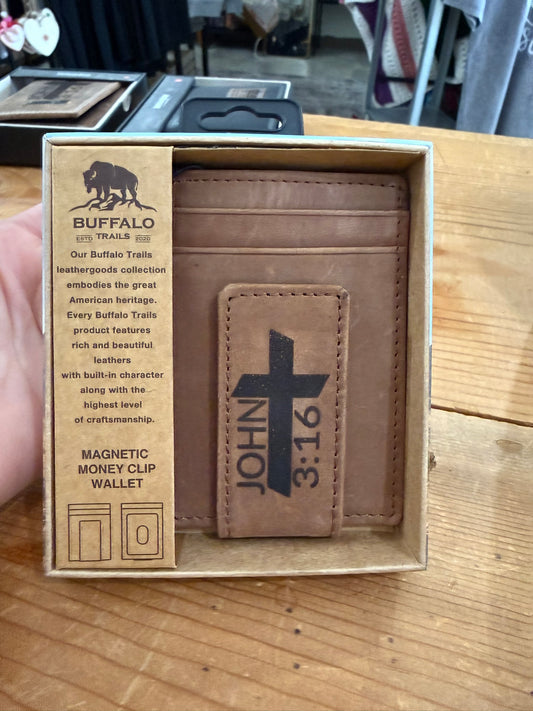 Genuine Leather Magnetic Money Clip Wallet – Custom Engraved (John 3:16)
