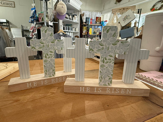 He Is Risen – Wooden Triple Cross Table Decor