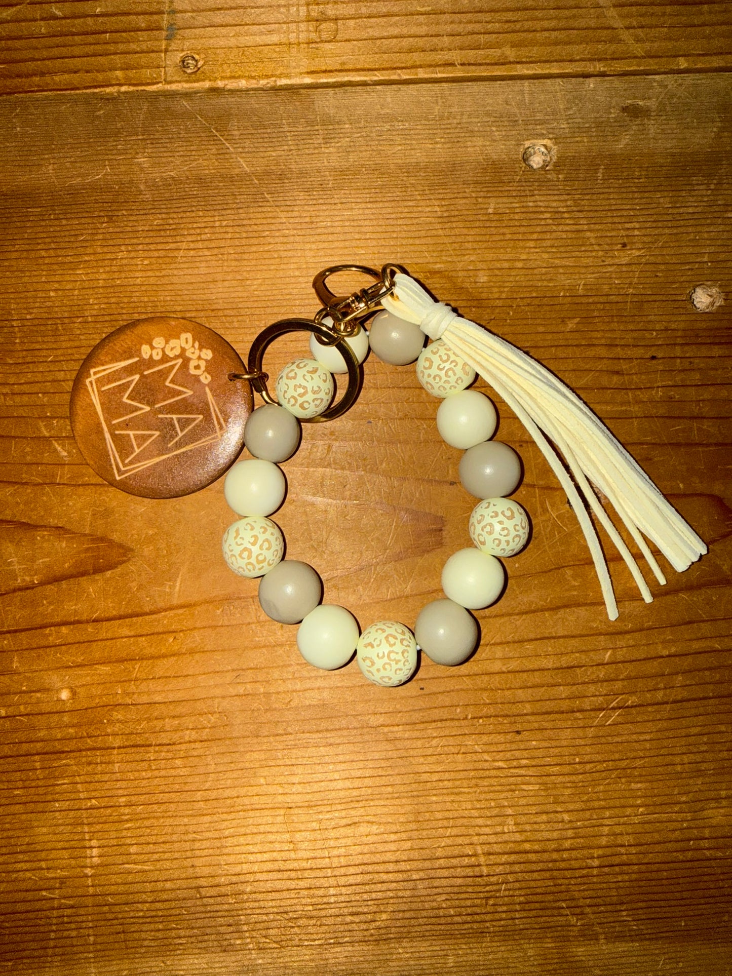 Wood Bead "Mama" Charm Keychain Bracelet