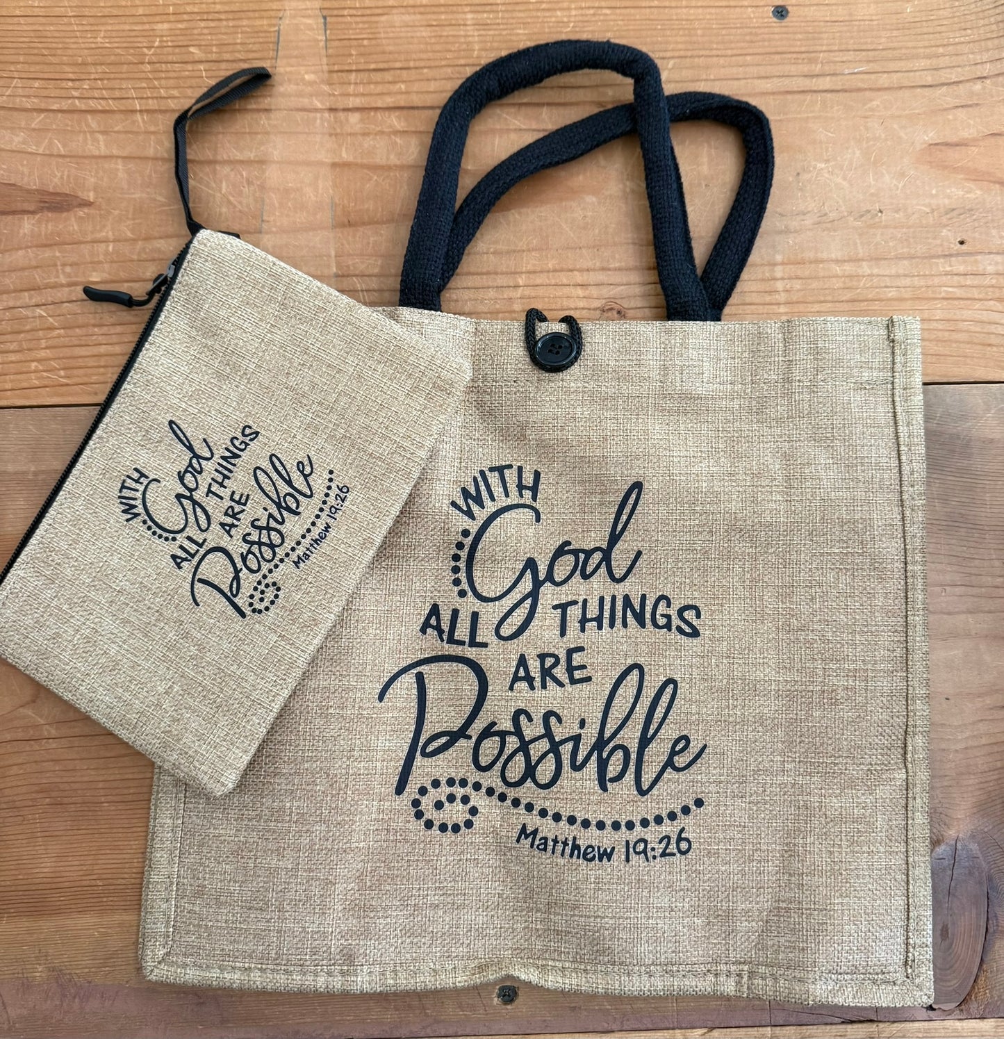 "With God All Things" Burlap Tote with Matching Accessory Bag