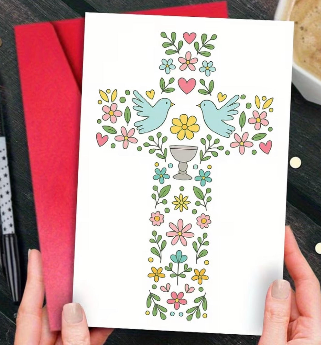 Floral Cross Communion/Baptism Card