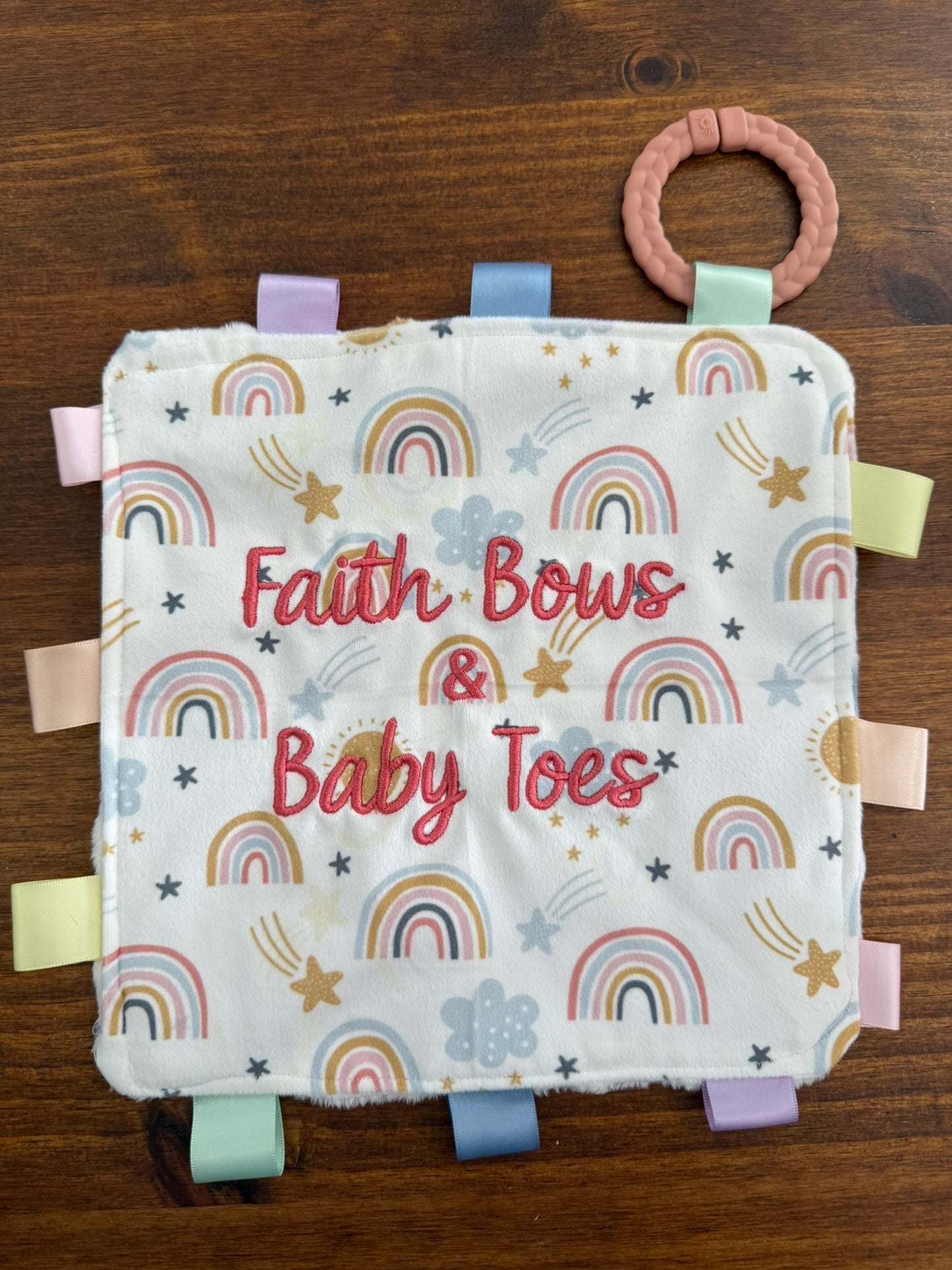 Quilted Stitch "Faith, Bows, Baby Toes" Baby Tag Blanket