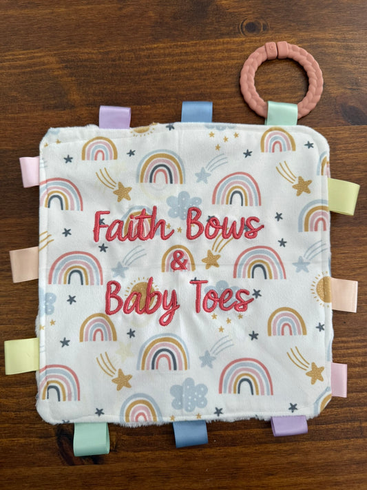 Quilted Stitch "Faith, Bows, Baby Toes" Baby Tag Blanket