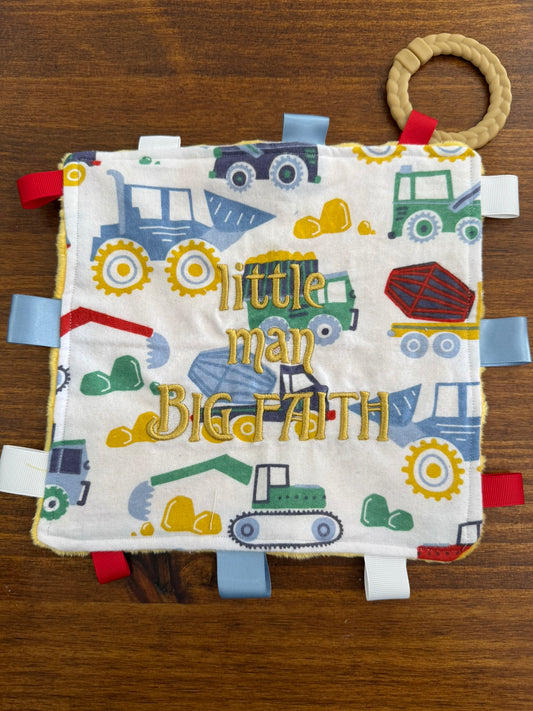 Quilted Stitch "Little Man Big Faith" Baby Tag Blanket