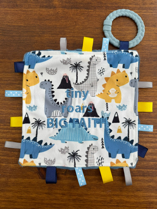 Quilted Stitch "Tiny Roars Big Faith" Baby Tag Blanket