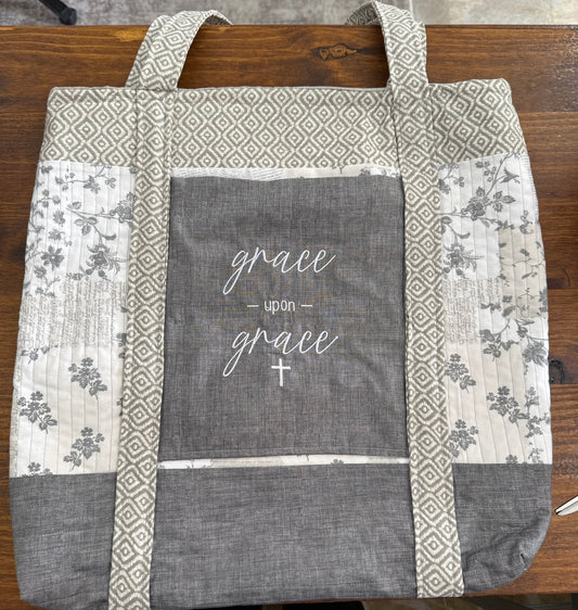 Quilted Stitch Handmade Custom Embroidered "Grace Upon Grace" Weekend Bag