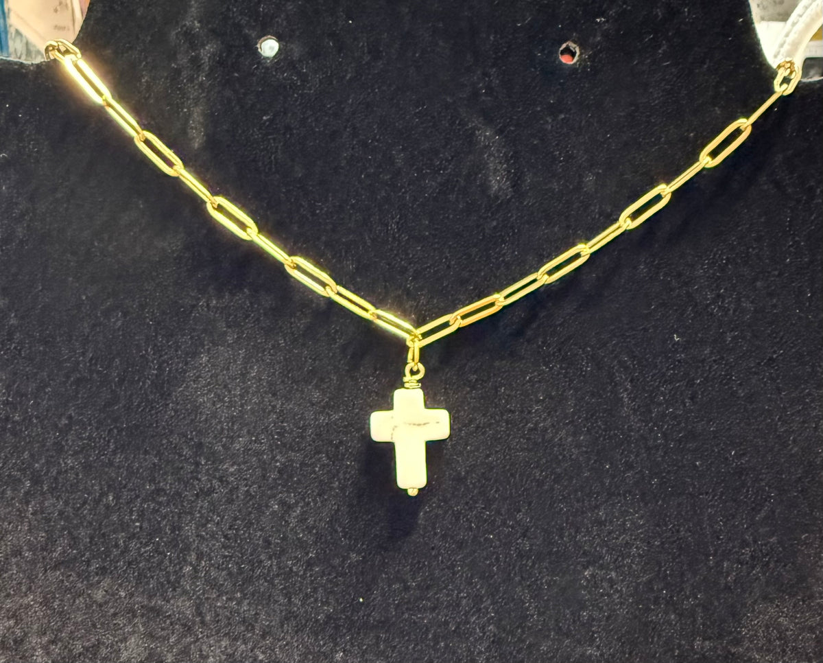 Handmade Stone Cross Pendant Paper Clip Necklace