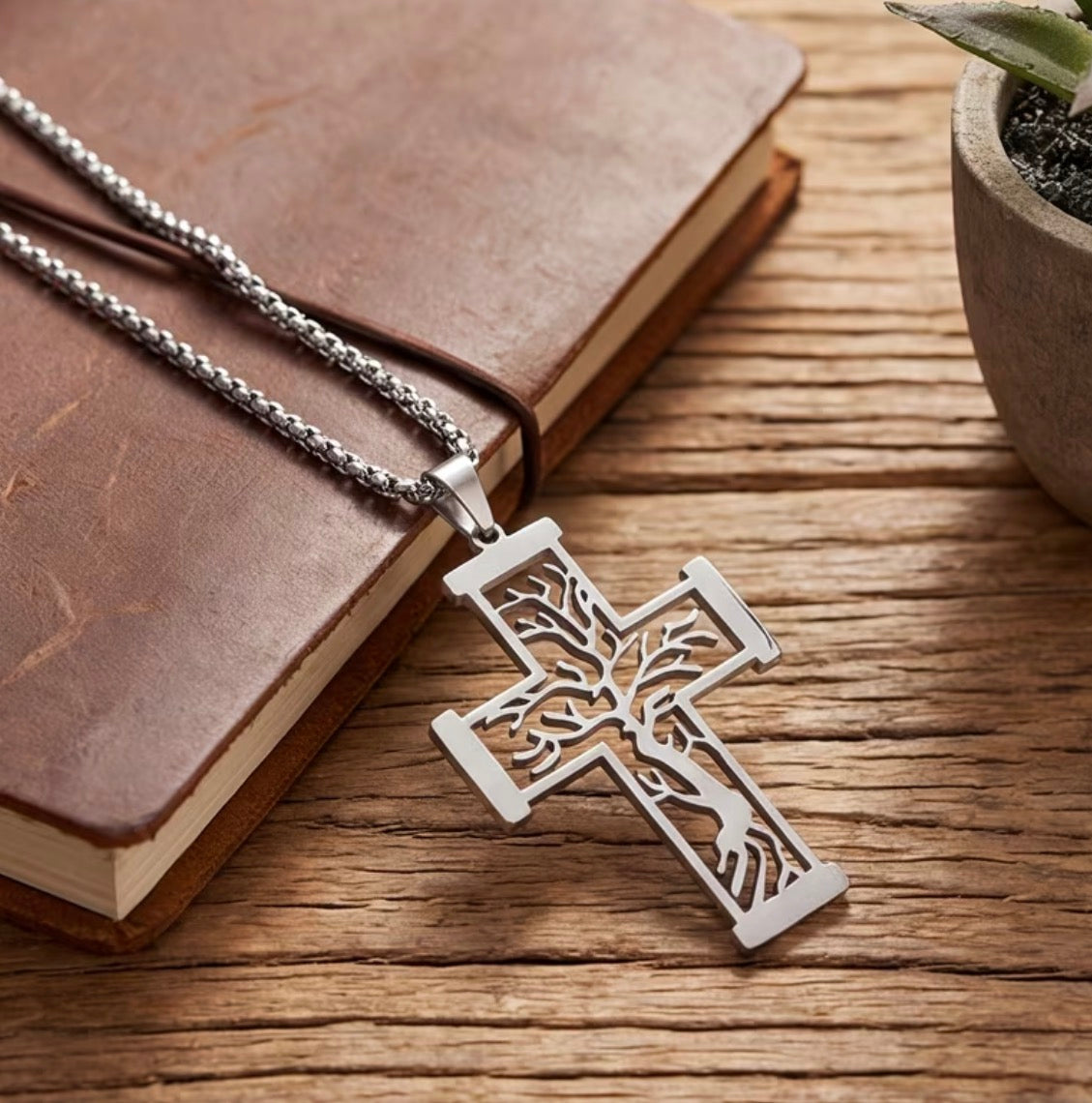 Men's Stainless Steel Tree Of Life Cross Pendant Necklace