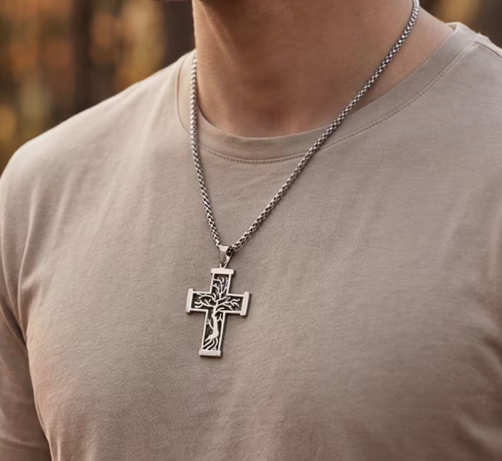 Men's Stainless Steel Tree Of Life Cross Pendant Necklace