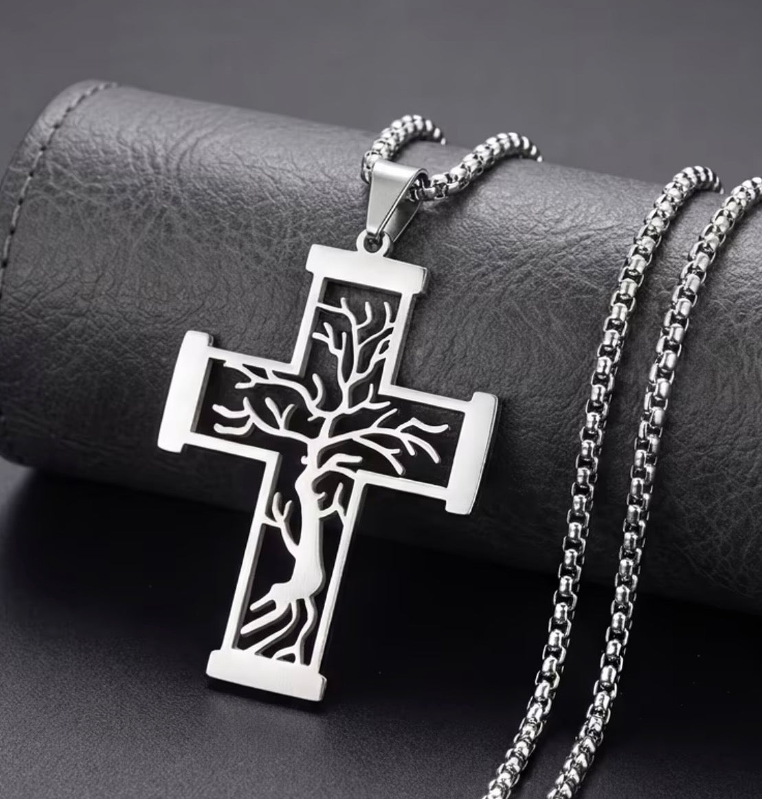 Men's Stainless Steel Tree Of Life Cross Pendant Necklace