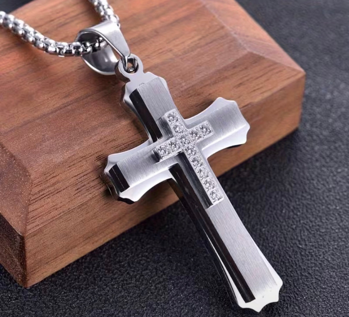 Men's Stainless Steel 3D Cubic Zirconia Cross Necklace