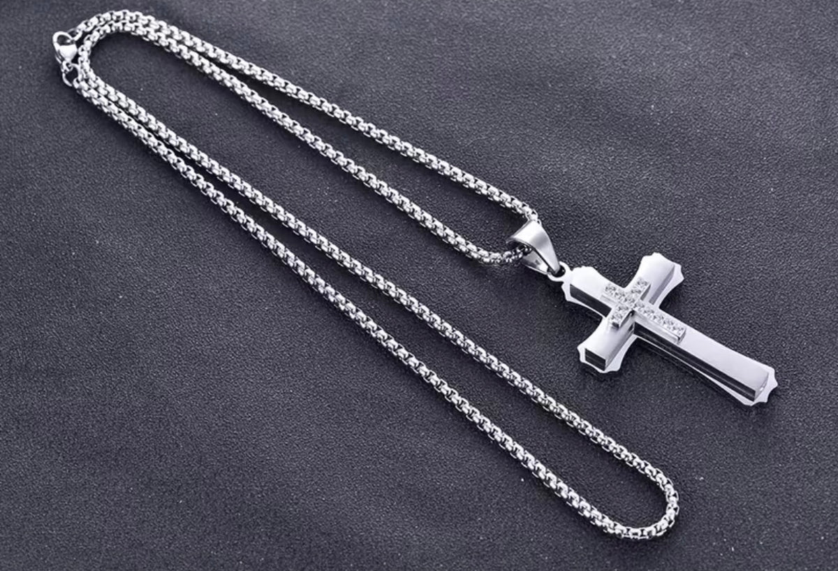 Men's Stainless Steel 3D Cubic Zirconia Cross Necklace